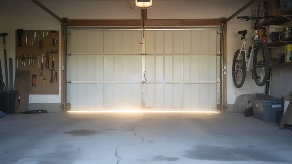 A white garage door is partially closed with light shining through the bottom gap.