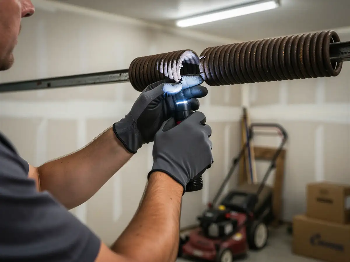 A technician shines a flashlight on a rusty garage door torsion spring.