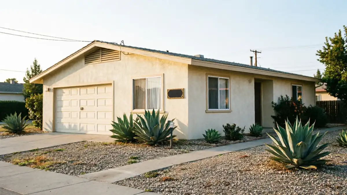 A beige house with a white garage door, windows, and agave plants in the yard.