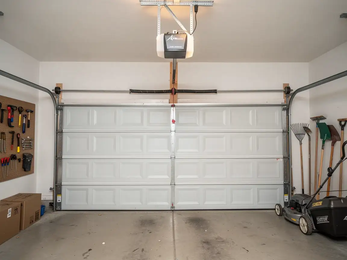 A white garage door is closed, with an opener and torsion spring visible.