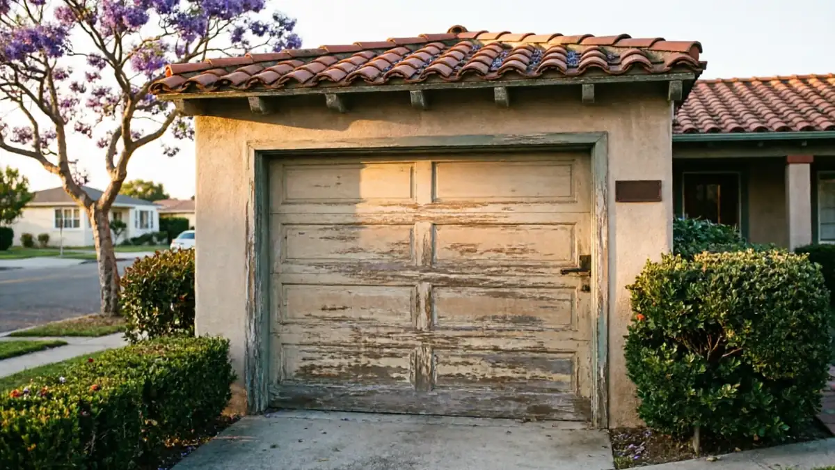 The garage door is old and peeling, with a tiled roof above it.