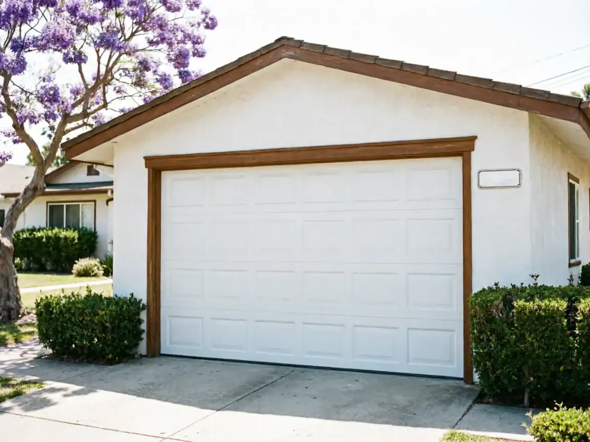 A white garage door with brown trim on a white house.