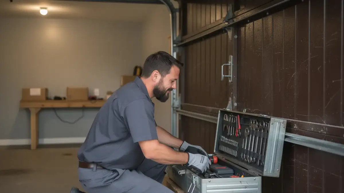 A technician kneels, opening a toolbox next to a brown garage door.